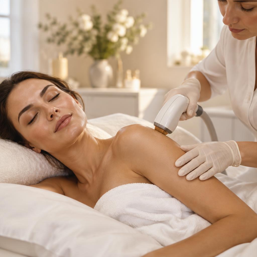 Laser handpiece guided over a client's shoulder during a laser hair reduction treatment